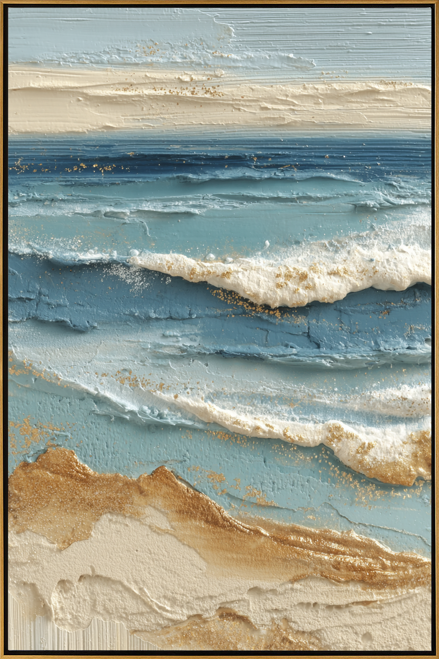 "Textured Coastal Horizon" – Modern Heavy Impasto Seascape Art | 3D Ocean Blue & Gold Palette Knife Painting | Luxury Vertical Wall Art#PT 020