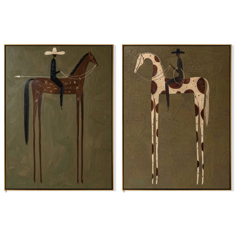 "Whispering Riders "— 3D Textured Abstract Horse & Rider Wall Art Set | Olive Green Western Framed Diptych#VA609