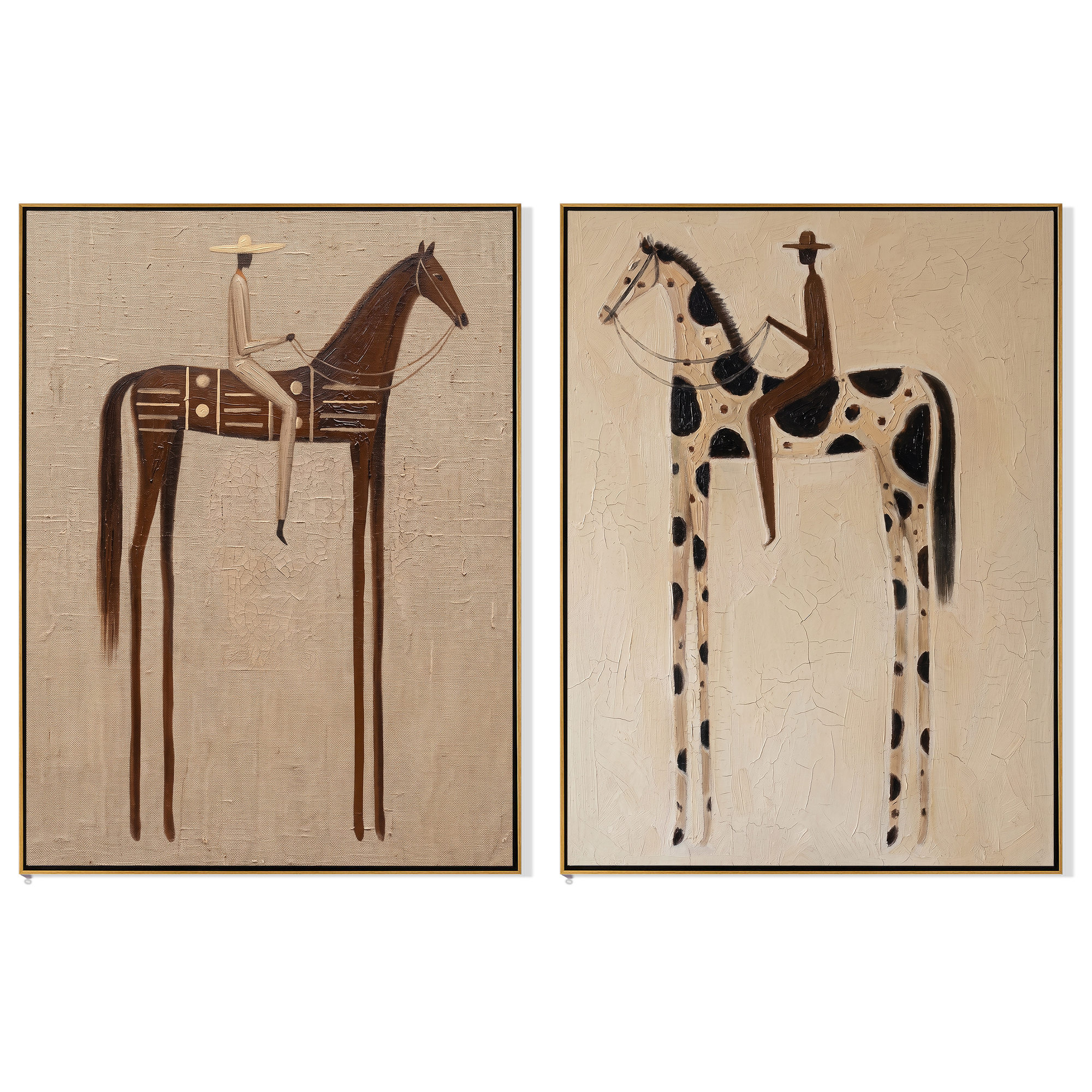 "Western Whispers "— 3D Textured Abstract Rider & Horse Wall Art Set | Neutral Rustic Framed Diptych#VA612
