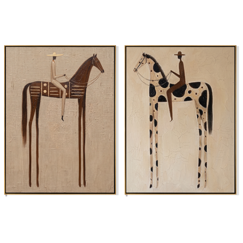 "Western Whispers "— 3D Textured Abstract Rider & Horse Wall Art Set | Neutral Rustic Framed Diptych#VA612