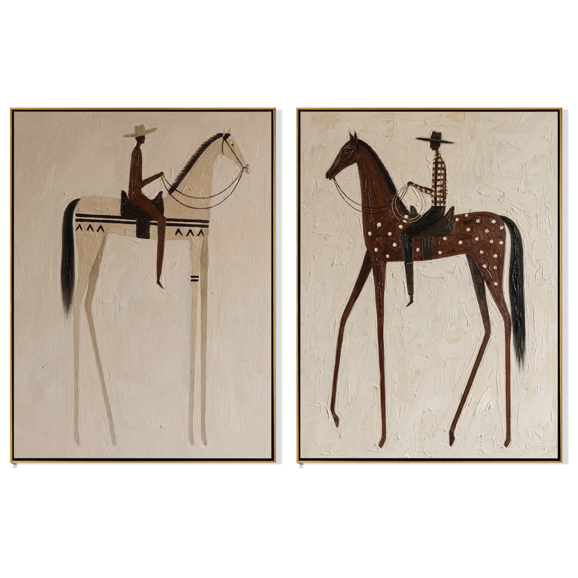 "Riders of the Quiet Plain" — 3D Textured Abstract Horse & Rider Wall Art Set | Neutral Western Framed Diptych#VA613