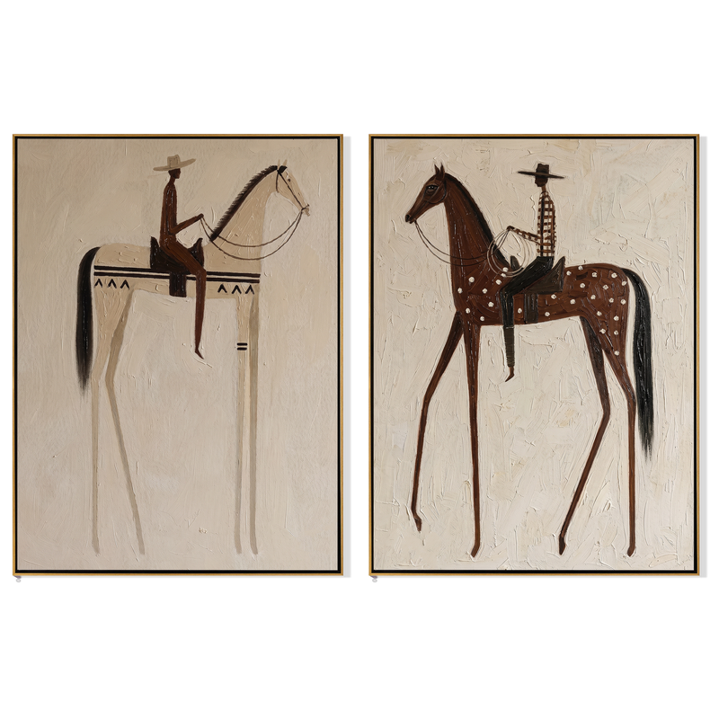 "Riders of the Quiet Plain" — 3D Textured Abstract Horse & Rider Wall Art Set | Neutral Western Framed Diptych#VA613