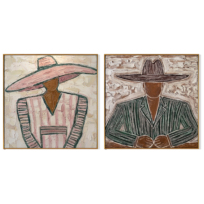 "Echoes Beneath the Brim" — 3D Textured Abstract Western Figure Wall Art Set | Pink & Umber Framed Diptych#VA614