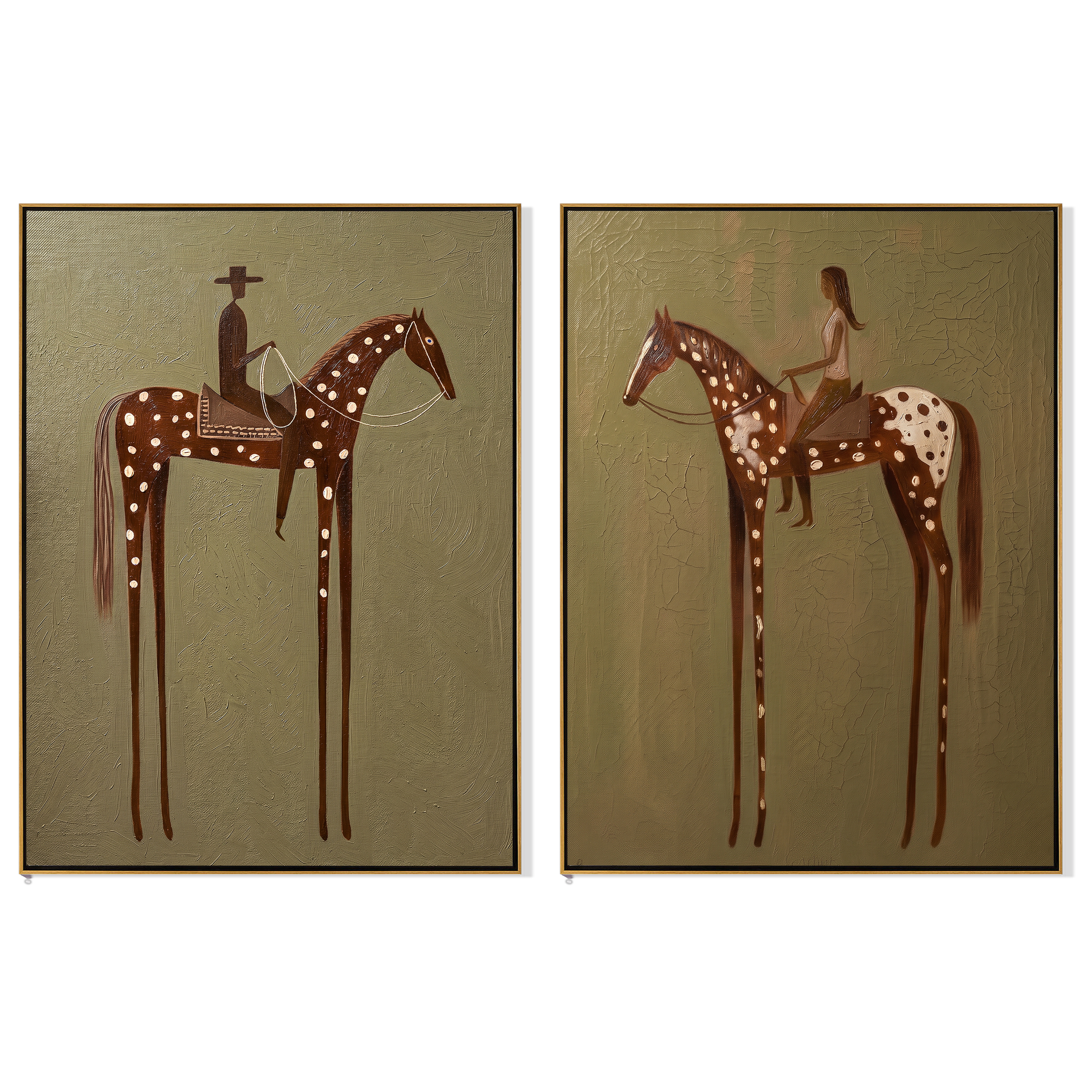 "Silent Spurs" — 3D Textured Abstract Western Riders Wall Art | Olive & Umber Framed Diptych#VA615