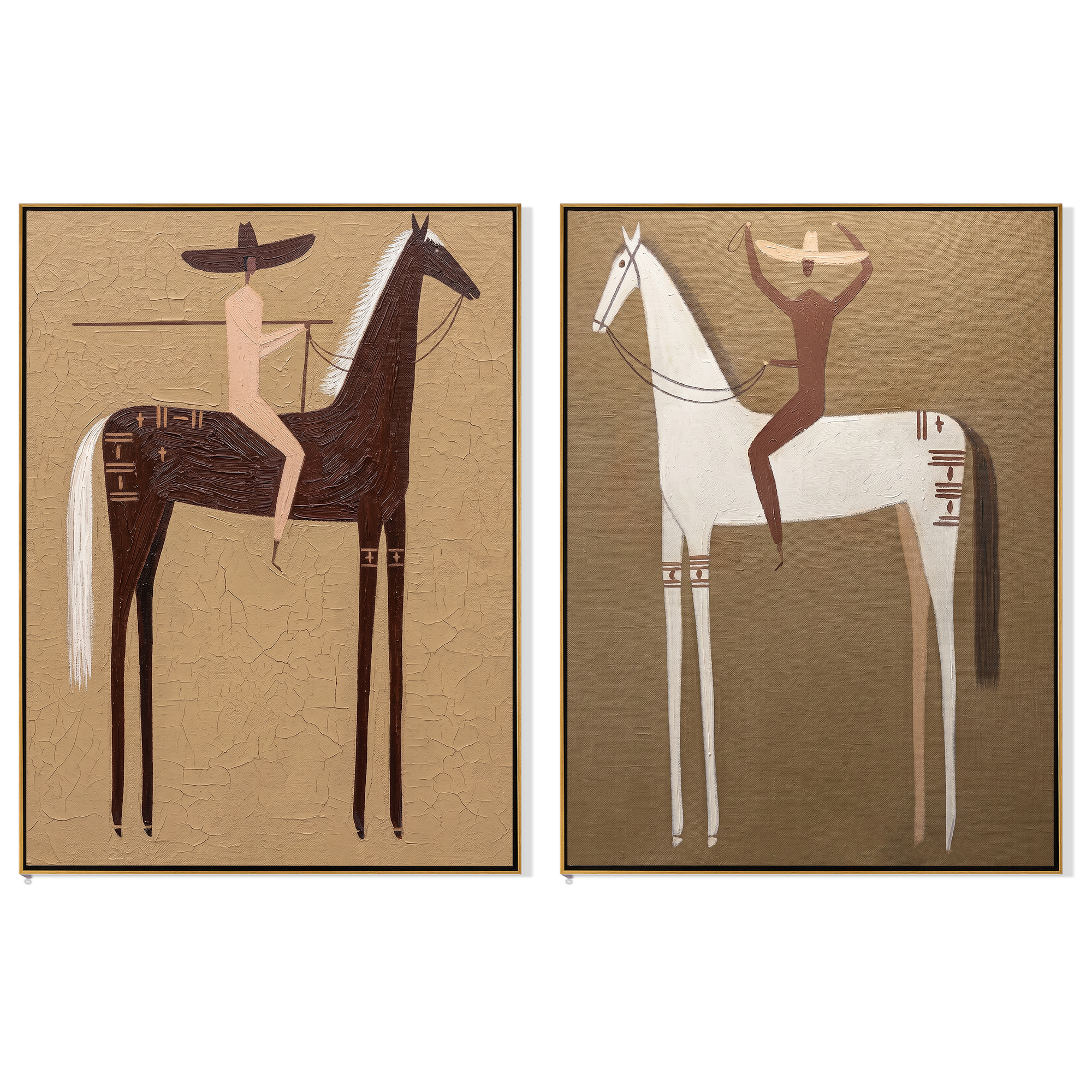 "Rituals of the Quiet Plain" — 3D Textured Abstract Western Rider Wall Art Set | Sand & Umber Framed Diptych#VA616
