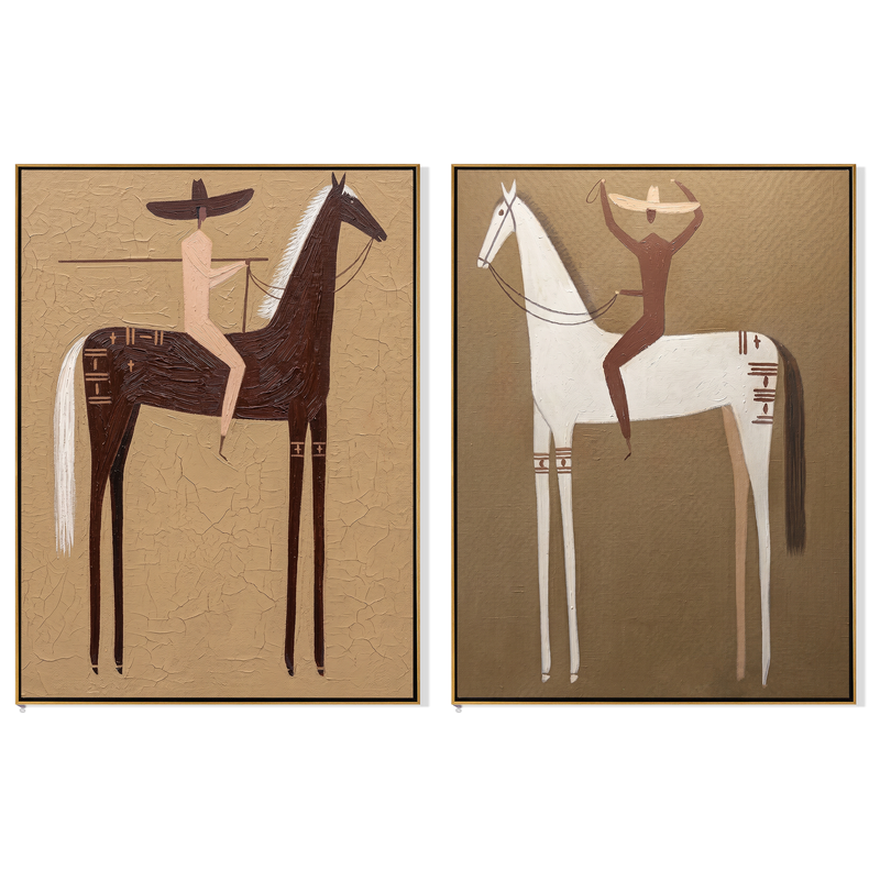 "Rituals of the Quiet Plain" — 3D Textured Abstract Western Rider Wall Art Set | Sand & Umber Framed Diptych#VA616