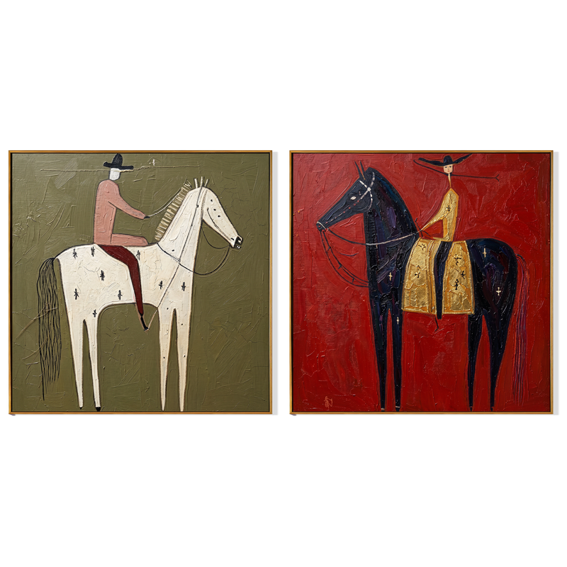 "Whispers Across the Red Plain" — 3D Textured Abstract Western Rider Wall Art Set | Olive & Crimson Framed Diptych#VA617