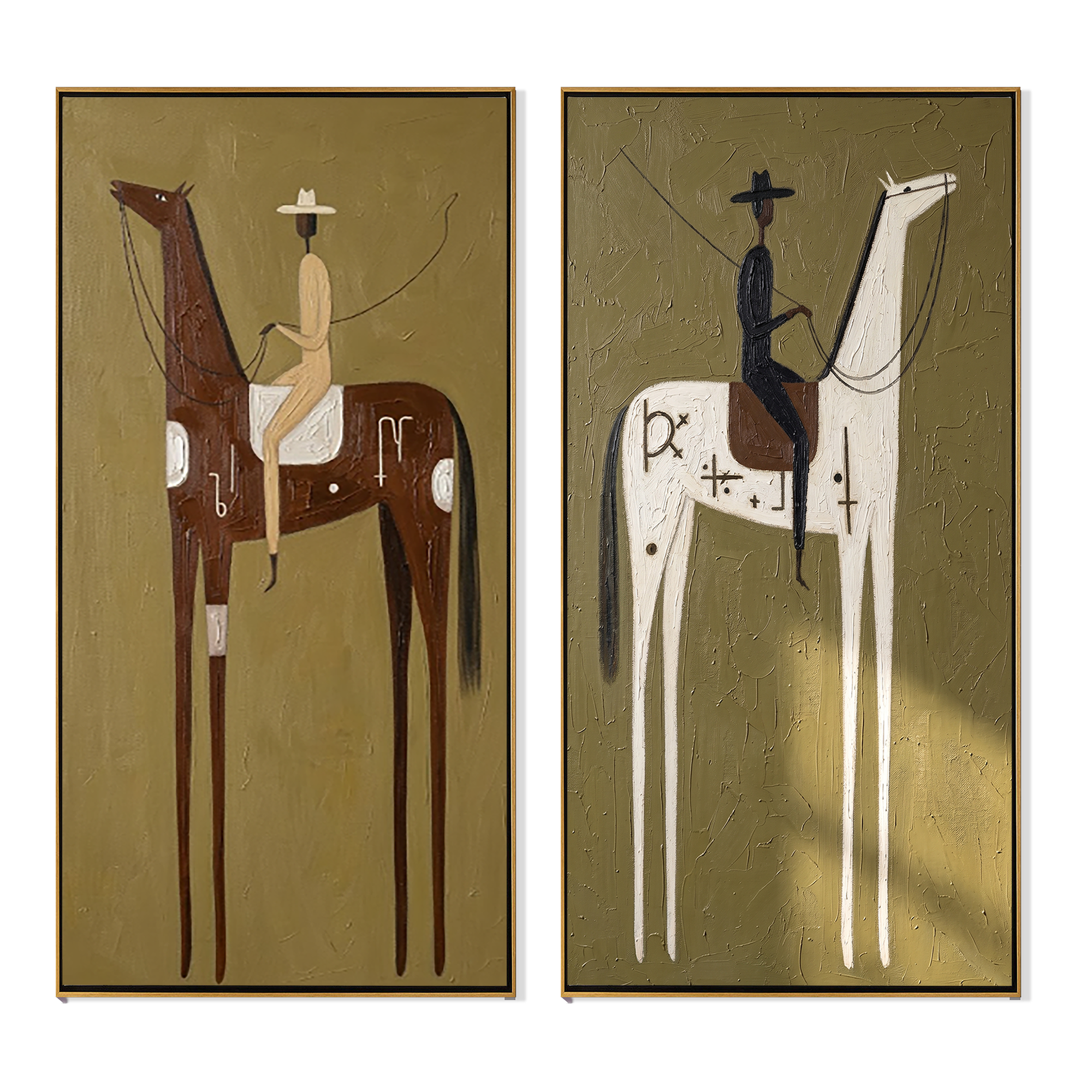 "Where Silence Rides" — 3D Textured Abstract Western Rider Wall Art Set | Olive & Umber Framed Diptych#VA618