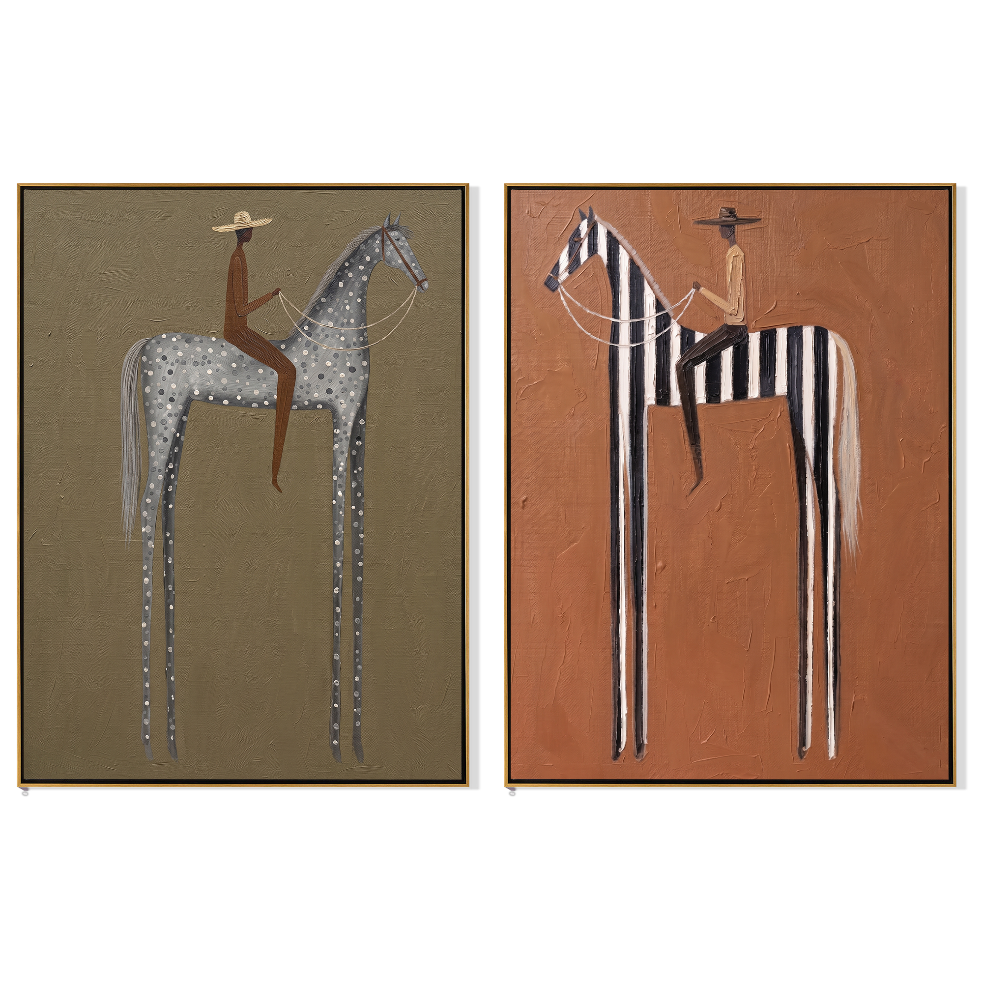 "Spots, Stripes, and Stillness" — 3D Textured Abstract Western Rider Wall Art Set | Olive & Terracotta Framed Diptych#VA619