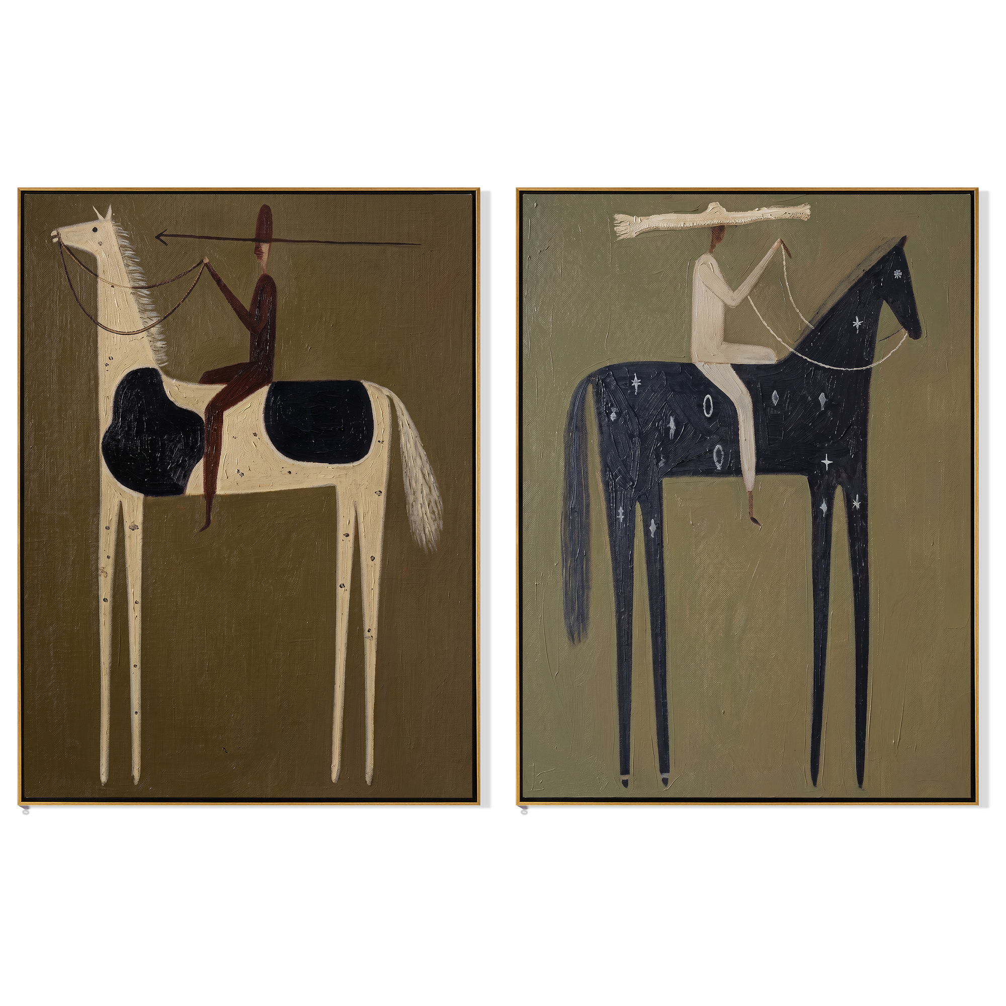"Where Arrows Dream of Constellations" — 3D Textured Abstract Western Rider Wall Art Set | Olive, Ivory & Midnight Framed Diptych#VA620