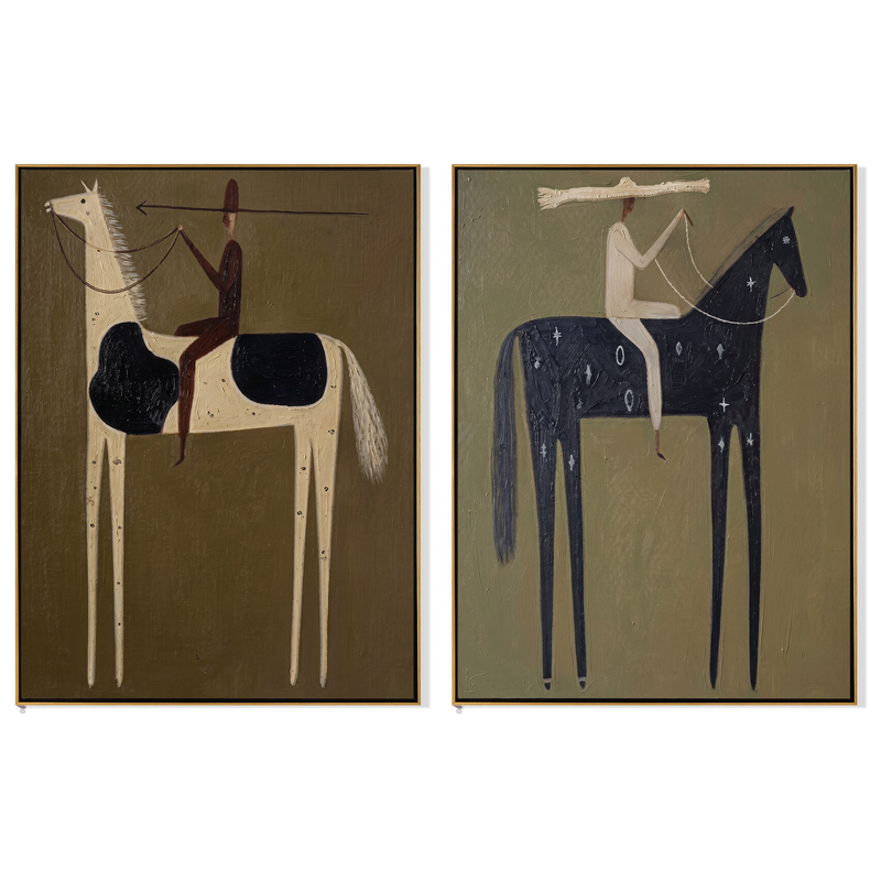 "Where Arrows Dream of Constellations" — 3D Textured Abstract Western Rider Wall Art Set | Olive, Ivory & Midnight Framed Diptych#VA620
