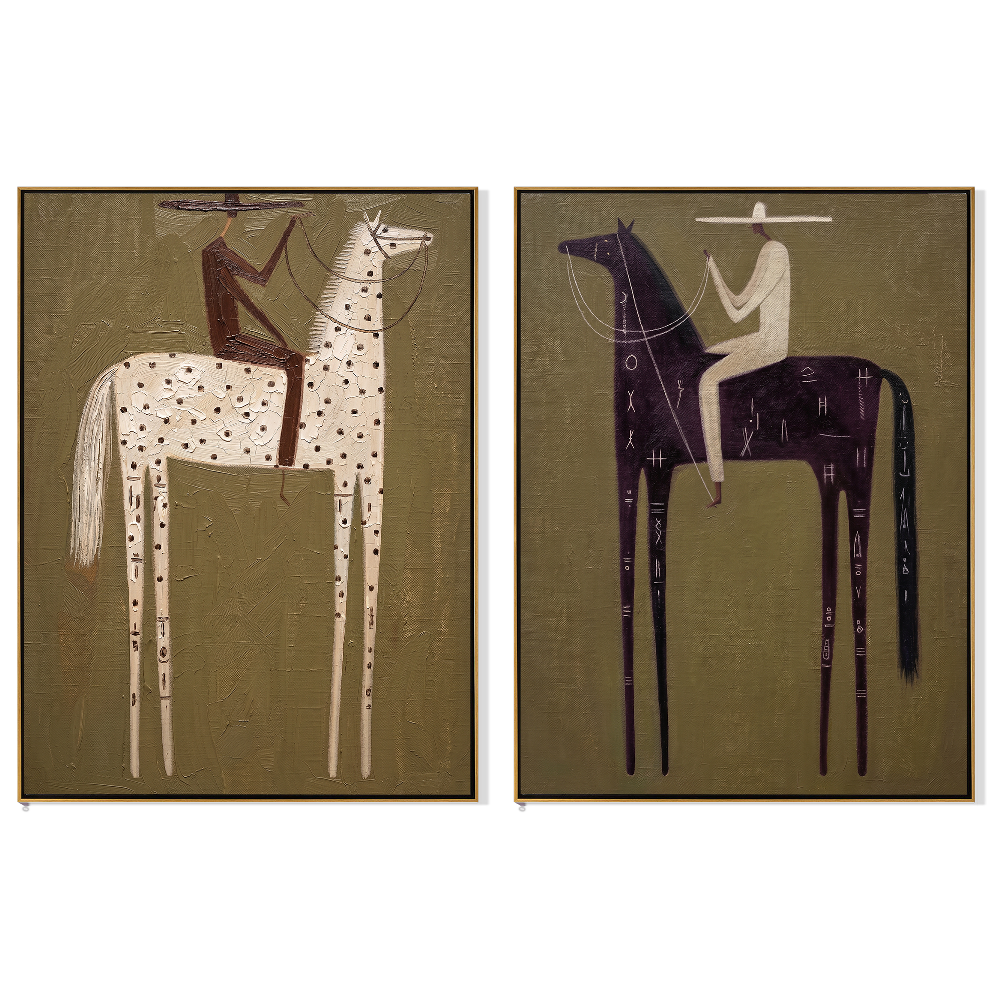"A Ledger of Dust and Night" — 3D Textured Abstract Western Rider Wall Art Set | Olive, Ivory & Umber Framed Diptych#VA622