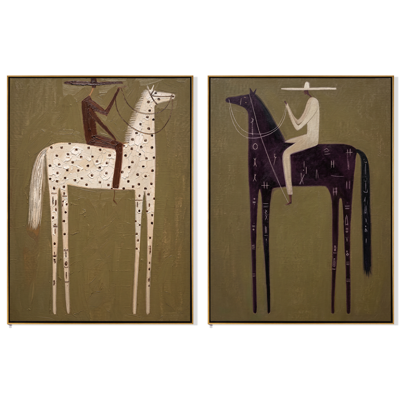 "A Ledger of Dust and Night" — 3D Textured Abstract Western Rider Wall Art Set | Olive, Ivory & Umber Framed Diptych#VA622