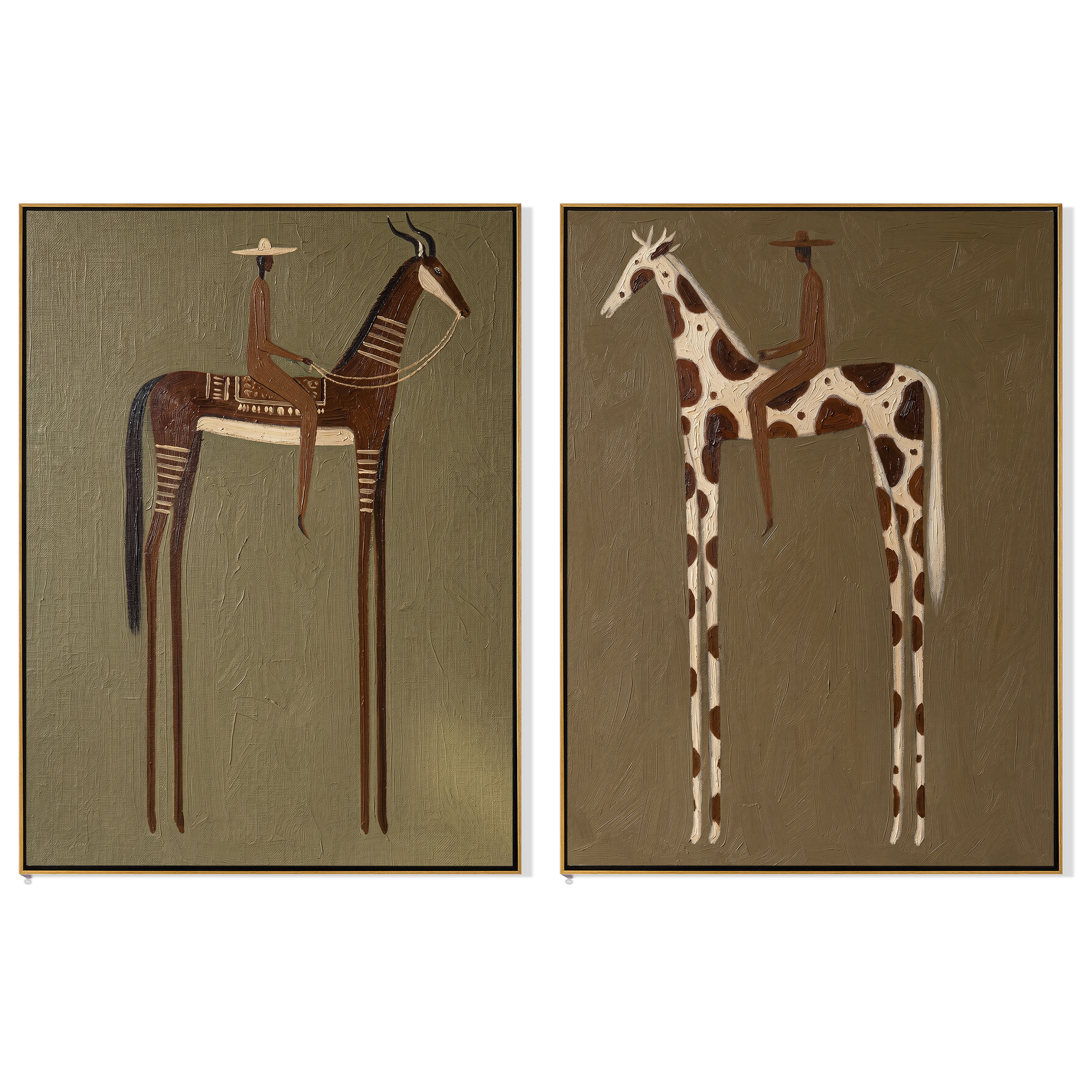 "The Beasts That Remember the Plain" — 3D Textured Abstract Western Rider Wall Art Set | Olive, Umber & Ivory Framed Diptych#VA624