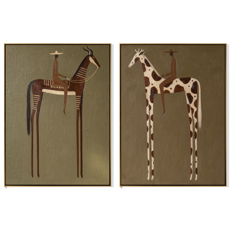 "The Beasts That Remember the Plain" — 3D Textured Abstract Western Rider Wall Art Set | Olive, Umber & Ivory Framed Diptych#VA624