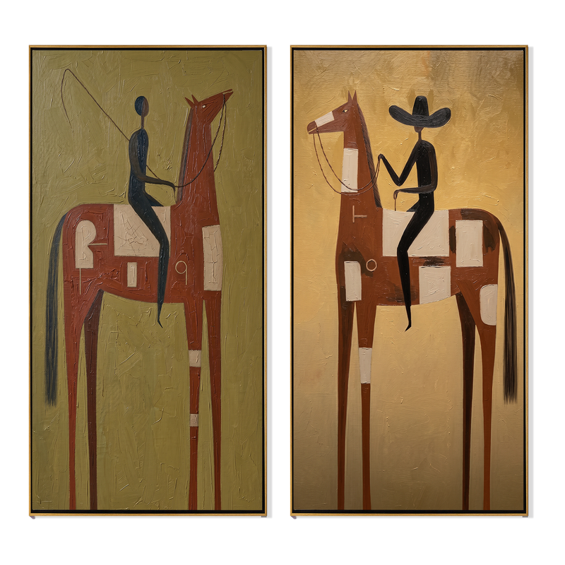 "Whispers of the Western Dawn" — 3D Textured Abstract Equestrian Wall Art Set | Terra & Ochre Framed Diptych#VA625