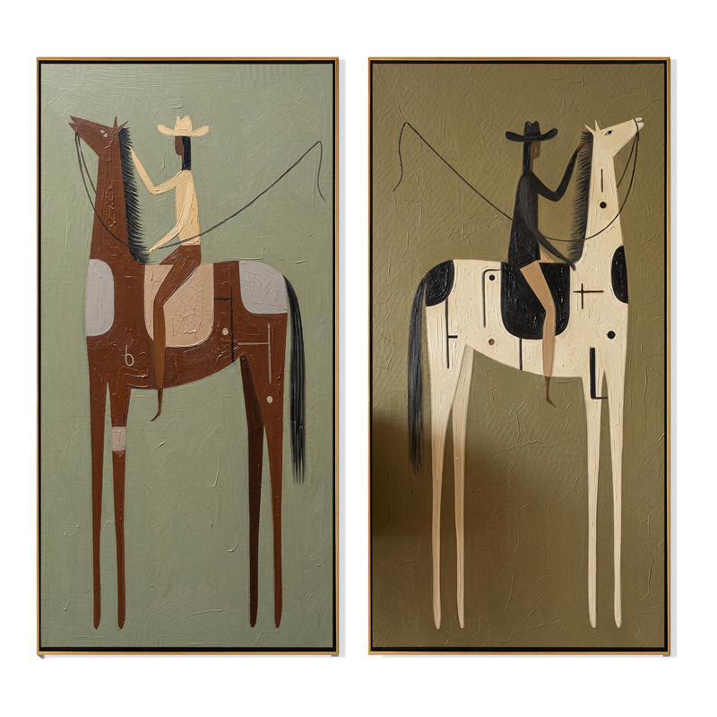 "The Distance Between Two Reins" — 3D Textured Abstract Western Rider Wall Art Set | Sage, Ivory & Umber Framed Diptych#VA626