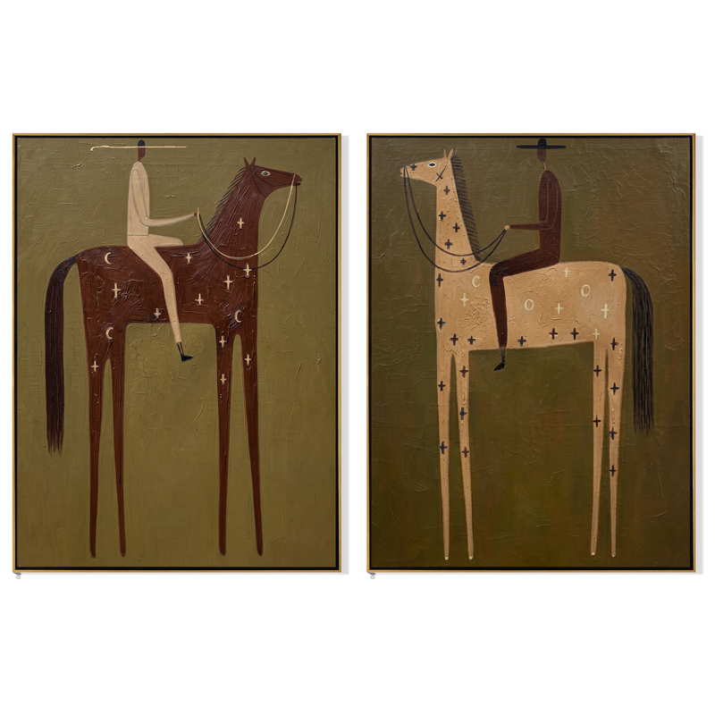 “Ethereal Riders of Twilight” — 3D Textured Abstract Western Rider Wall Art Set | Muted Olive & Earthy Tones Framed Diptych#VA627