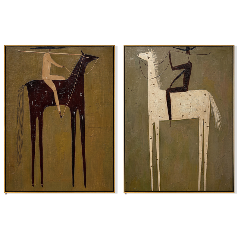 "The Archive of Vanishing Riders" — 3D Textured Abstract Western Rider Wall Art Set | Olive, Ivory & Umber Framed Diptych#VA628