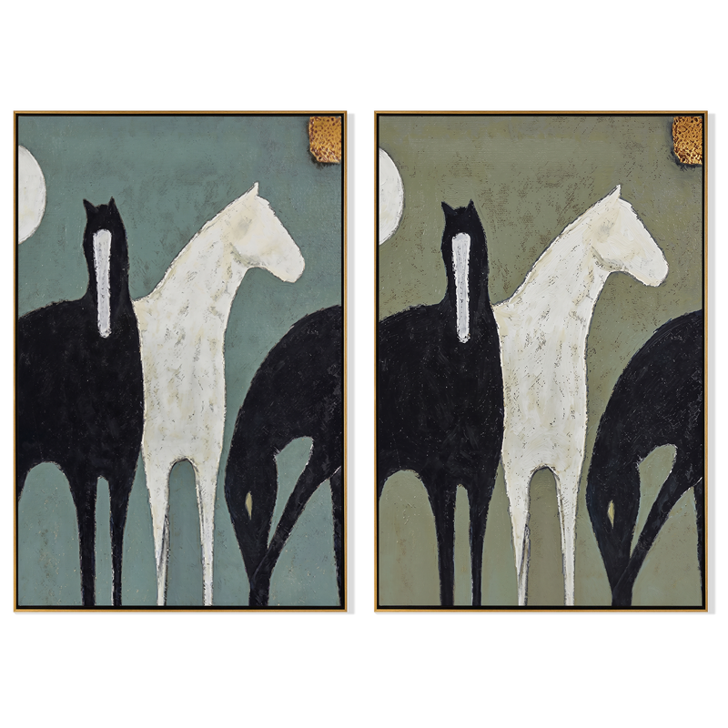 "Golden Touch Duo" — 3D Textured Abstract Horse Wall Art Set | Sage & Teal Framed Diptych#VA602