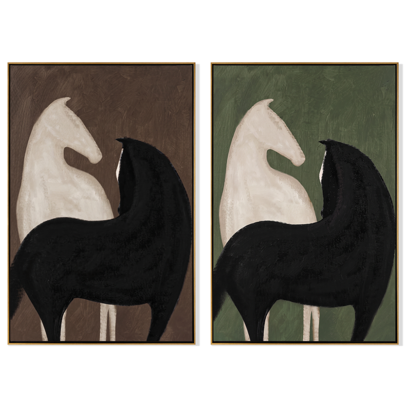 "Silent Equine Duo" — 3D Textured Abstract Horse Wall Art Set | Earth & Sage Framed Diptych#VA601