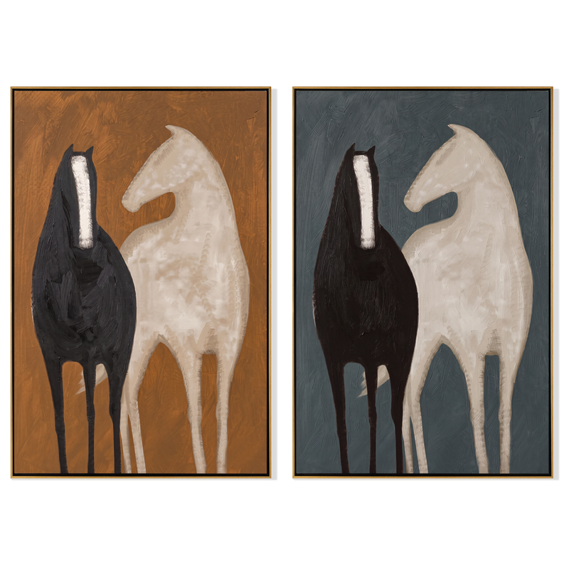 "Echoes of the Untamed" — 3D Textured Abstract Horse Wall Art Set | Ochre & Slate Framed Diptych#VA603