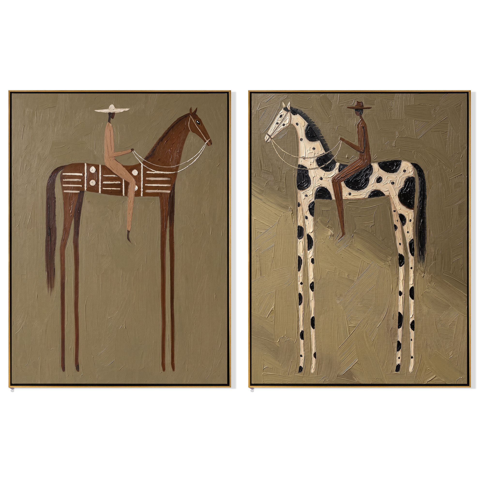 "Whispering Riders" — 3D Textured Abstract Horse & Rider Wall Art Set | Ochre & Slate Diptych#VA604