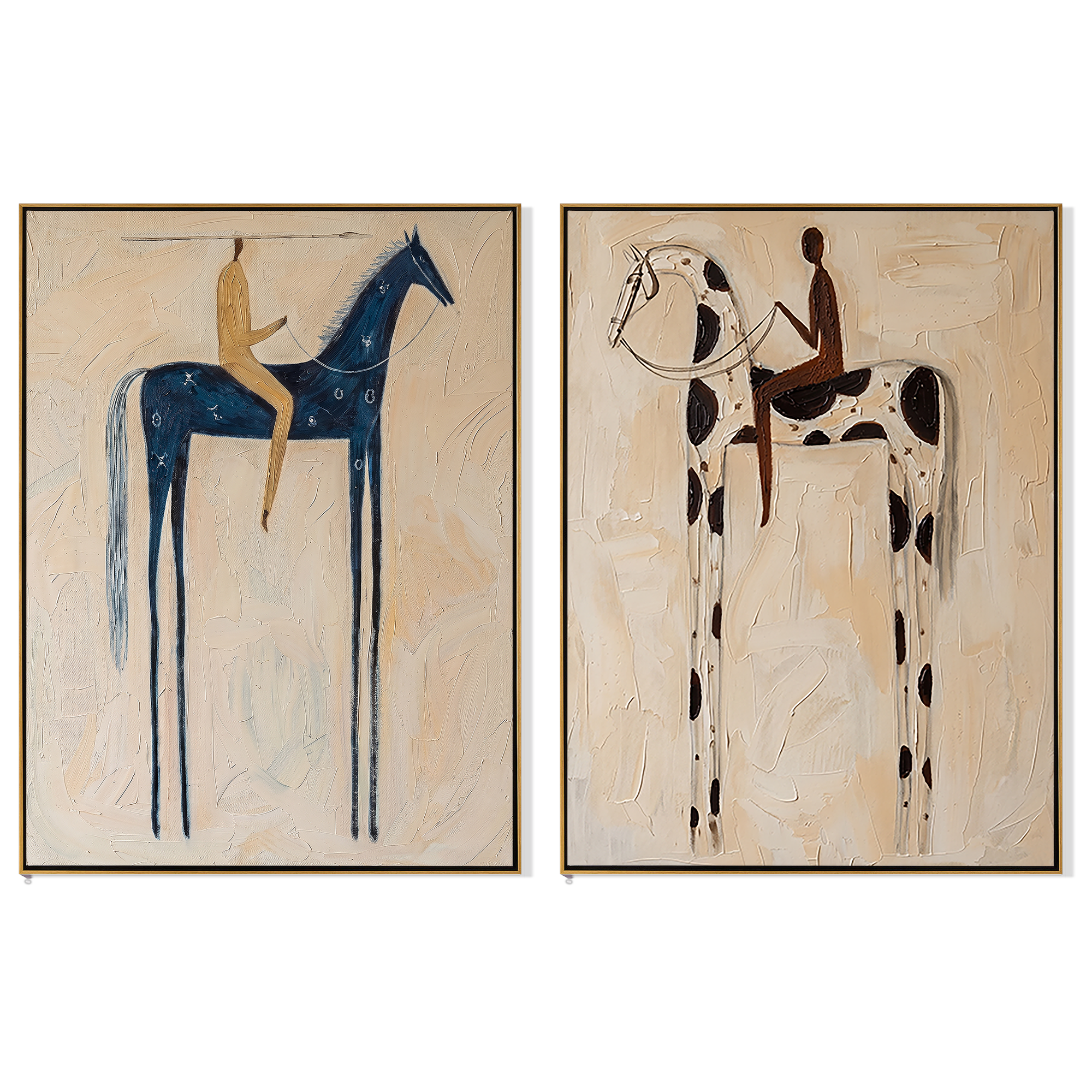"Riders in a Pale Dream" — 3D Textured Abstract Horse & Rider Wall Art Set | Ivory Framed Diptych#VA605