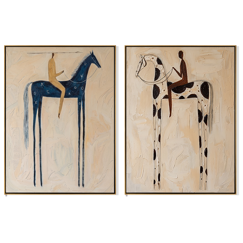 "Riders in a Pale Dream" — 3D Textured Abstract Horse & Rider Wall Art Set | Ivory Framed Diptych#VA605