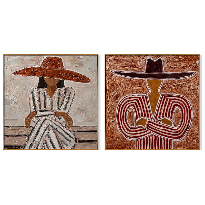 "Twin Matador Poise" – Textured Figurative Oil Painting Set|3D Textured Western Figurative Painting | Warm Terracotta & Charcoal Square Wall Art#VA607