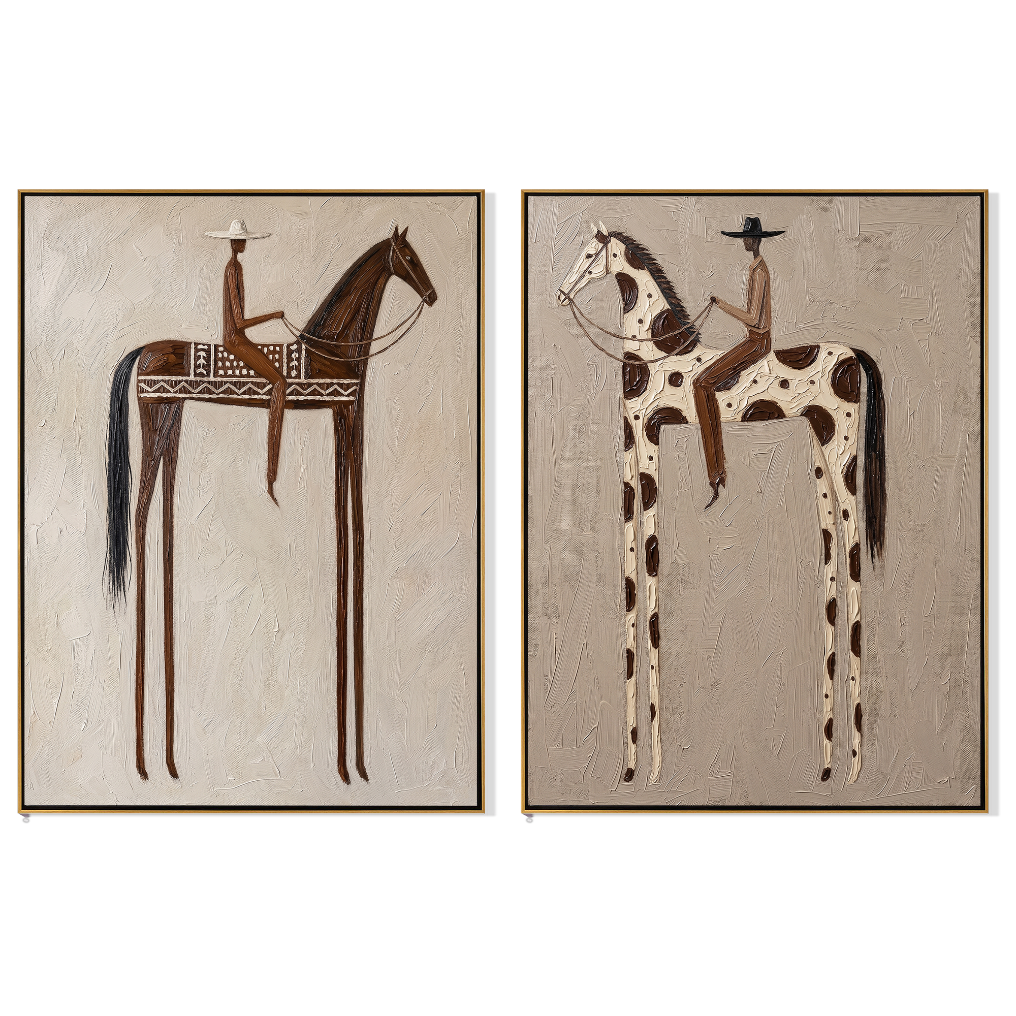 "Stillness on the Saddle" — 3D Textured Abstract Horse & Rider Wall Art Set | Neutral Western Framed Diptych#VA608