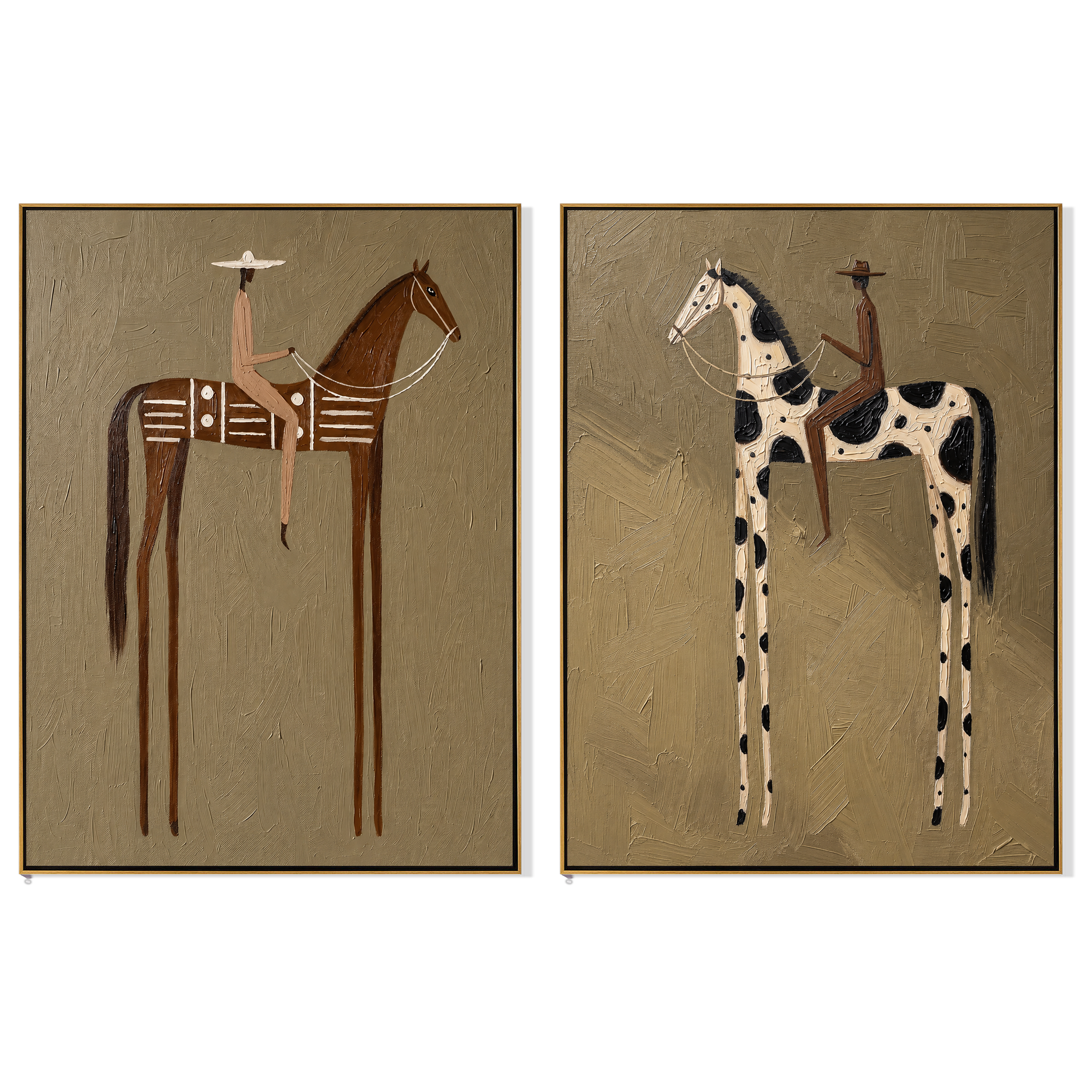 "Whispering Riders" — 3D Textured Abstract Horse & Rider Wall Art Set | Ochre & Slate Diptych#VA604