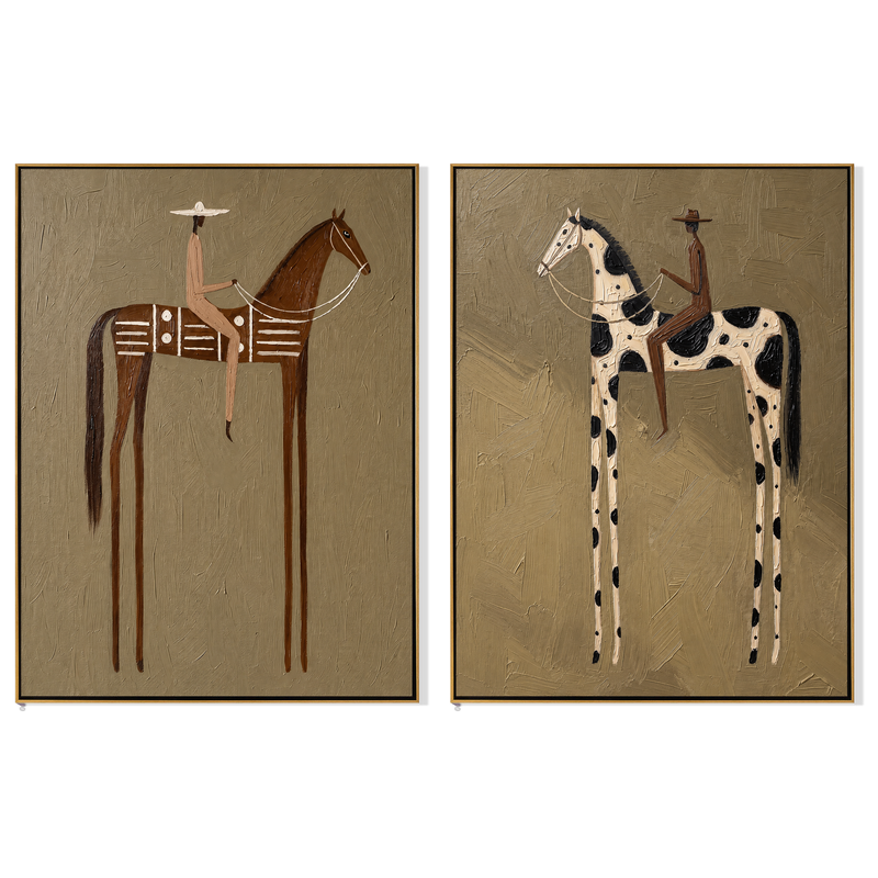 "Whispering Riders" — 3D Textured Abstract Horse & Rider Wall Art Set | Ochre & Slate Diptych#VA604