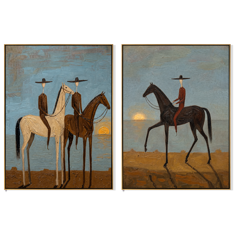 "Horizon in Silence3D" ——Textured Western Horse Rider Wall Art Set | Blue Gray & Warm Umber Framed Painting #VA606