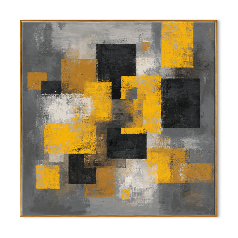 "Urban Kinetic" – Modern Mustard Yellow & Charcoal Grey Abstract Painting | Structured Industrial Wall Art
