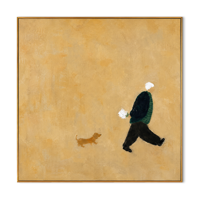 "Little Companion" - Minimalist Figure With Dog | Warm Beige Contemporary Square Art