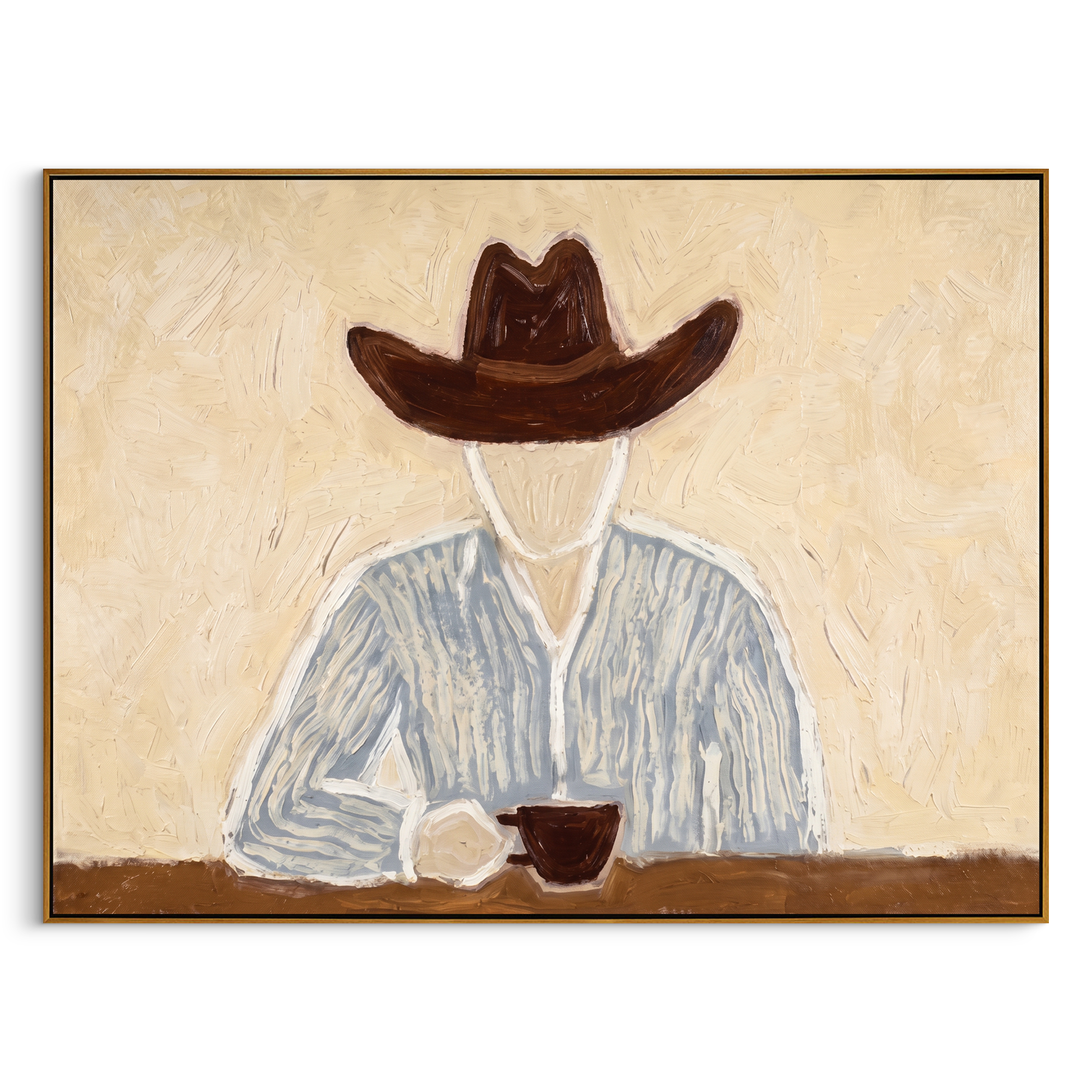 "The Quiet Pour" — 3D Textured Abstract Cowboy Wall Art | Warm Neutral Framed Painting#yk1200