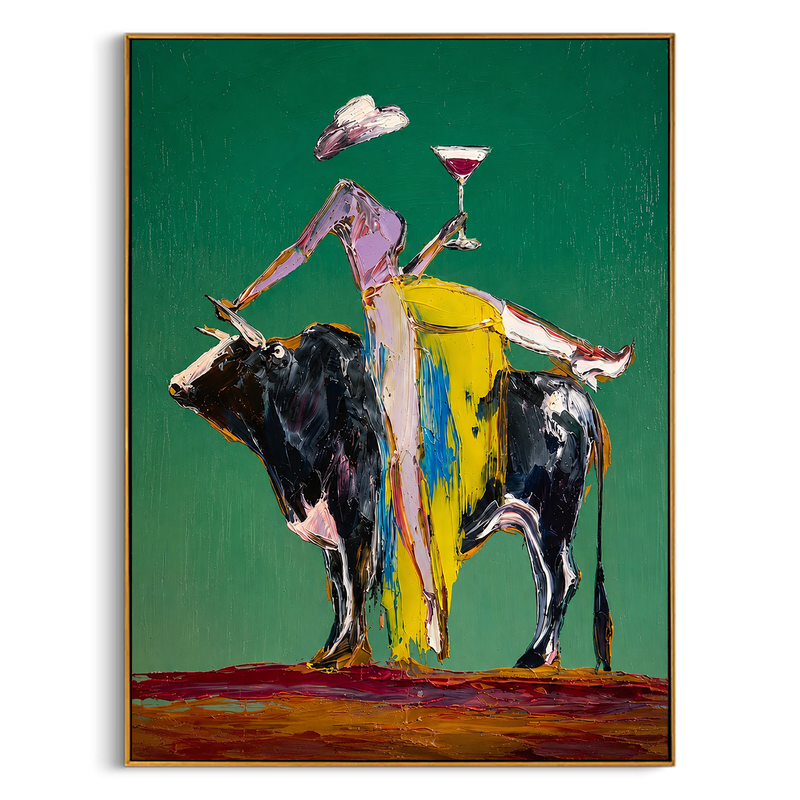 "Golden Reins" - Contemporary Bull Rider Painting | Green Yellow & Black Figurative Wall Art
