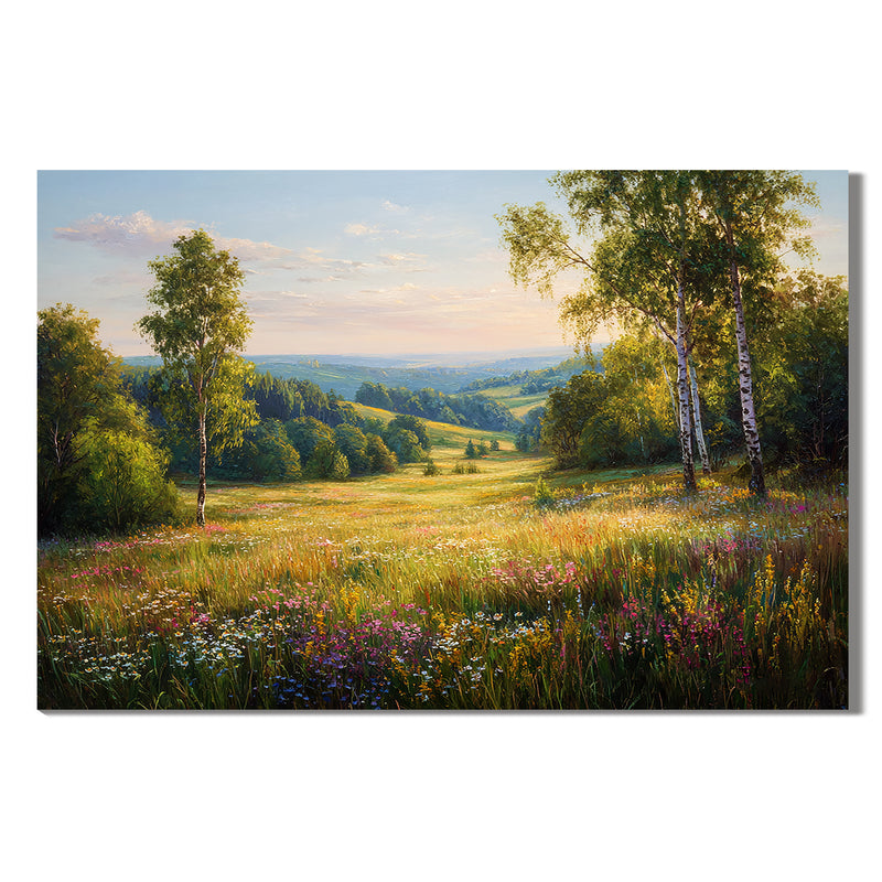 "Summer Meadow" - Impressionist Wildflower Pastoral Landscape | Vibrant Green & Blue Statement Art