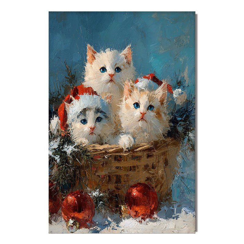 "Santa's Kitten Trio" - Hand-Painted Three Festive White Cats | Cozy Impasto Holiday Animal Art