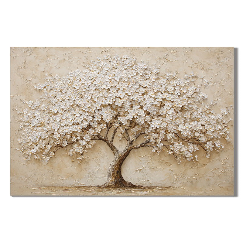 "Ivory Canopy" - 3D Heavy Impasto White Blossom Tree | Warm Beige Sculptural Statement Art