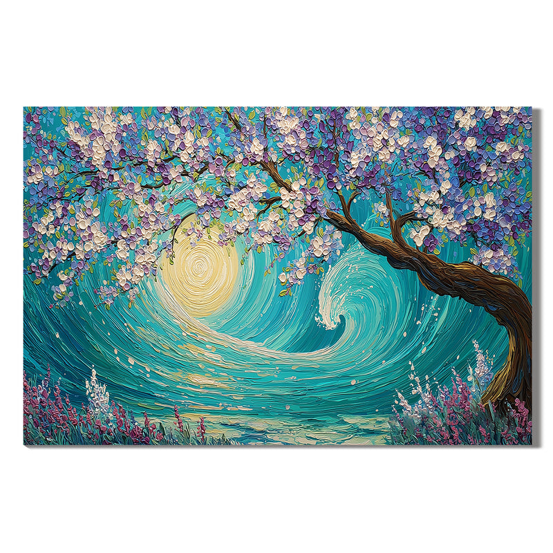 "Celestial Bloom" – 3D Heavy Impasto Purple Blossom Tree | Ethereal Teal & Gold Statement Art