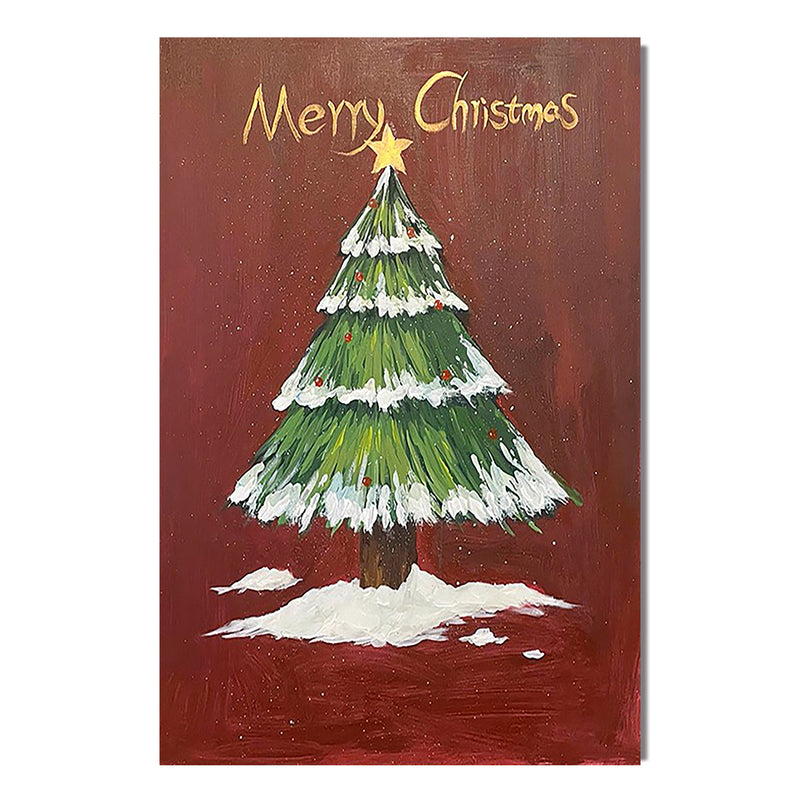 "Crimson Christmas" - Hand-Painted Snow-Dusted Holiday Tree | Classic Impasto Statement Art