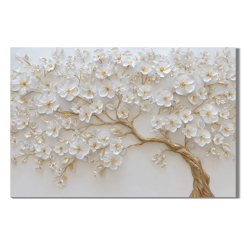 "Golden Blossom" - 3D Heavy Impasto White Cherry Tree | Pure Gold & White Sculptural Statement Art