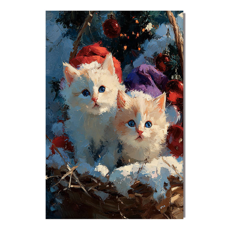 "Holiday Wonderkittens" - Hand-Painted White Kitten Pair | Festive Impasto Holiday Animal Art