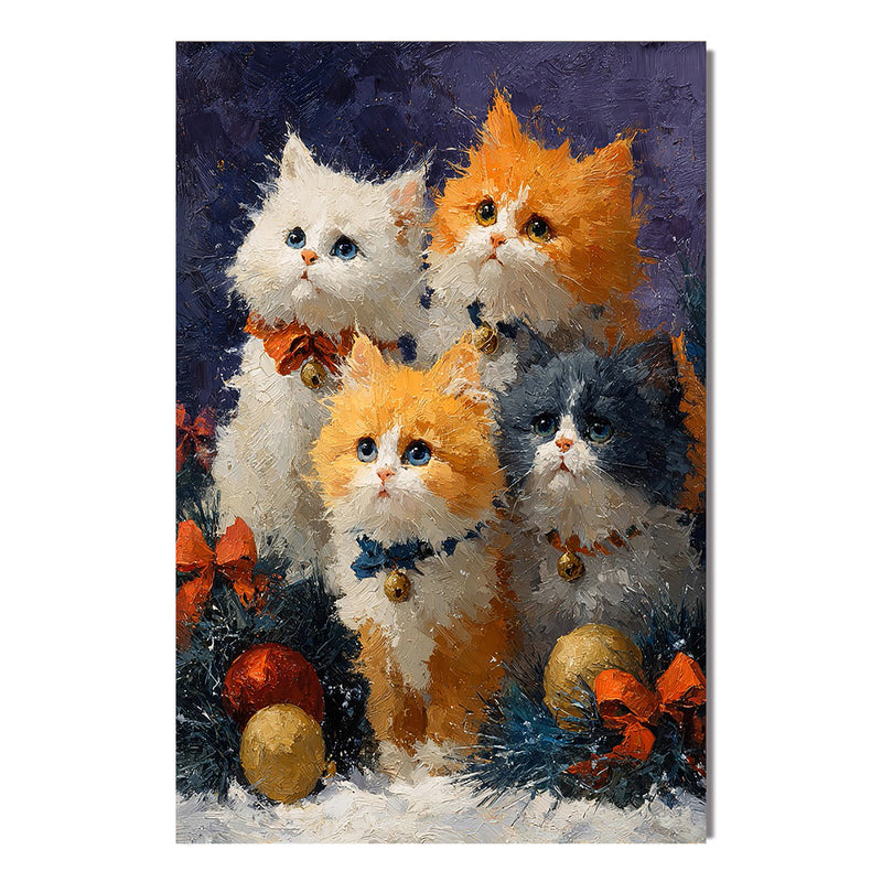 "Festive Kittens Quintet" - Hand-Painted Five Cats Holiday Portrait | Vibrant Impasto Festive Art