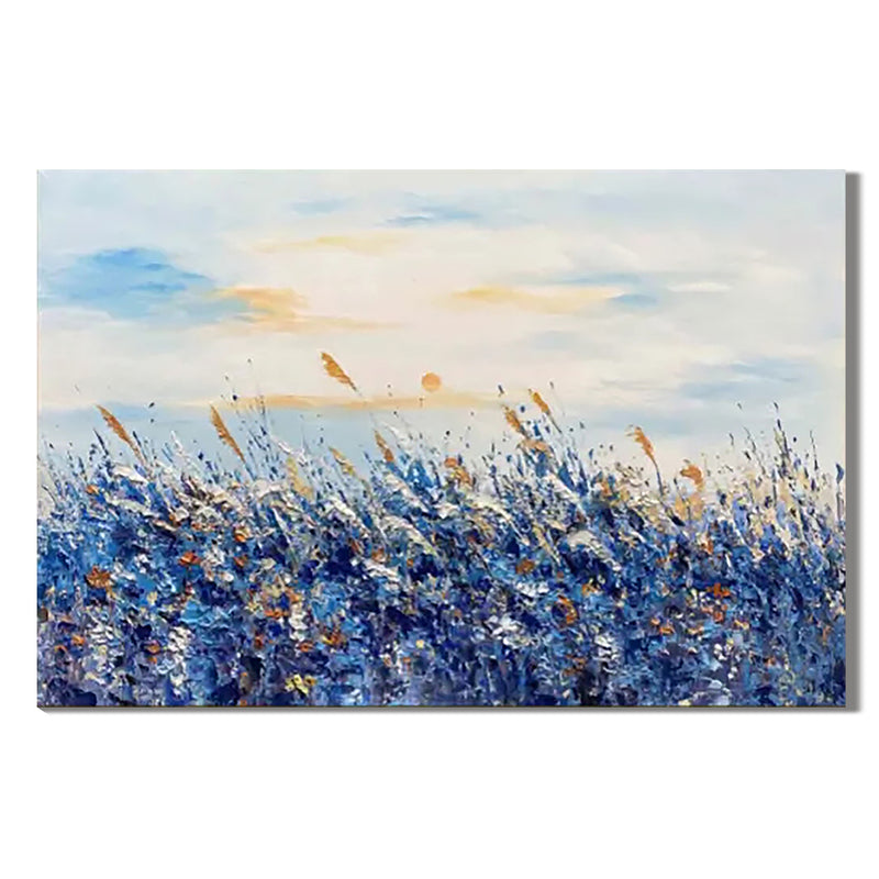 "Blue Meadow Dusk" - 3D Heavy Impasto Wildflower Field | Vibrant Blue & Gold Sunset Statement Art