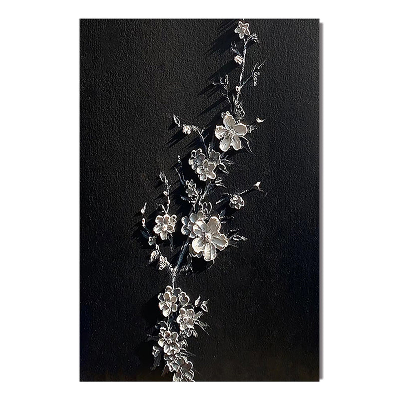 "Silver Blossom" - 3D Hand-Painted White Floral Branch | Noir Plaster Texture Statement Art