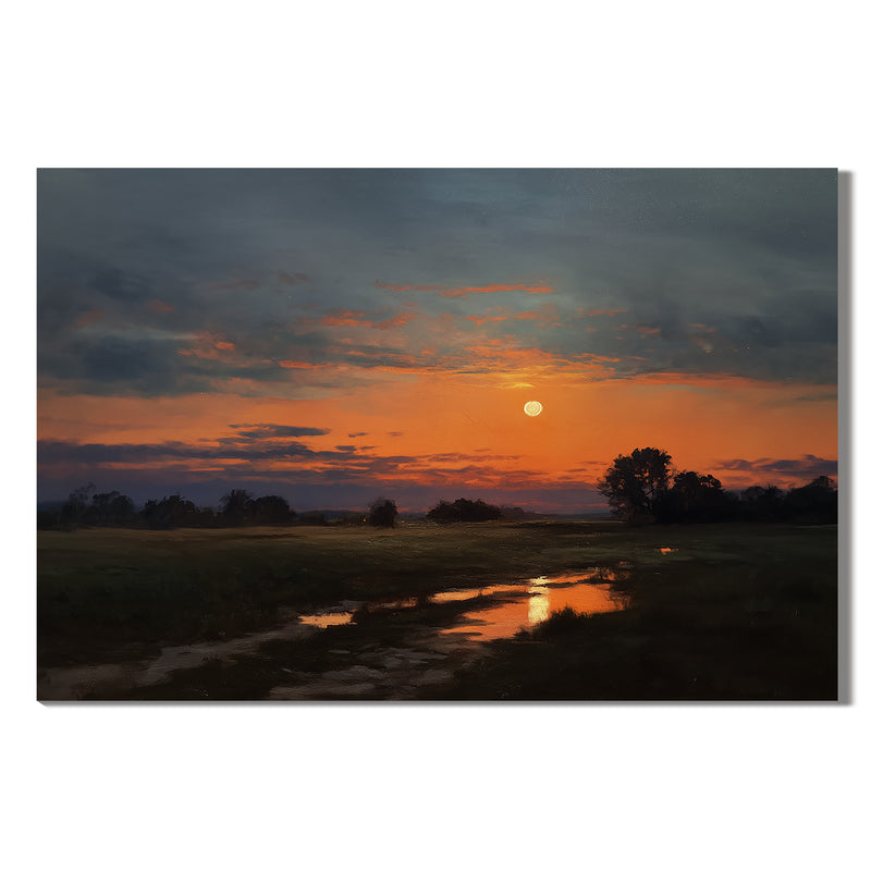 "Harvest Moon Rising" - Impressionist Sunset Landscape | Dramatic Orange & Midnight Statement Art
