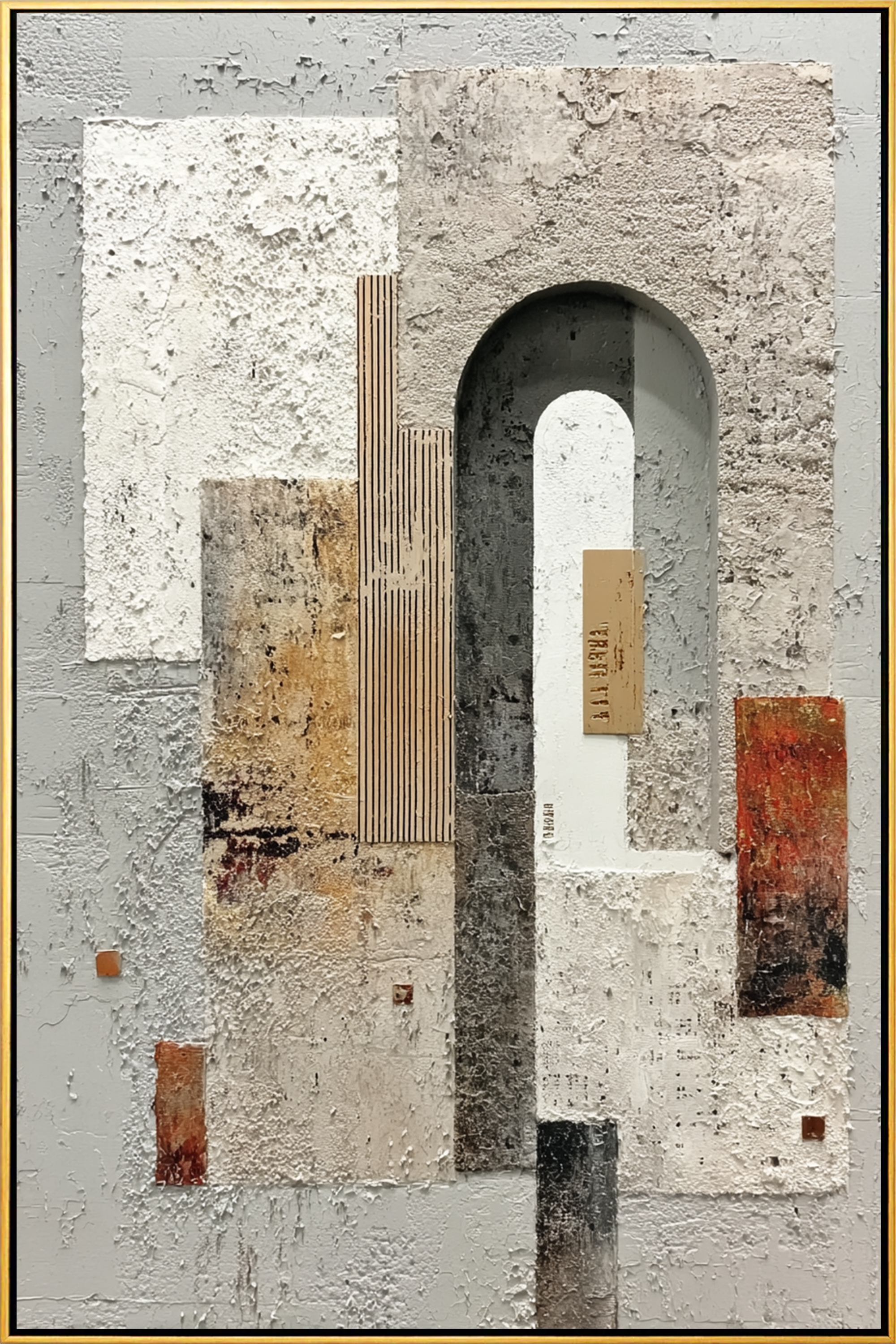 "Weathered Geometric Arch" – Expressive Impasto Abstract Artwork | 3D Layered Neutral Canvas | Luxury Statement Vertical Wall Art#PT 006